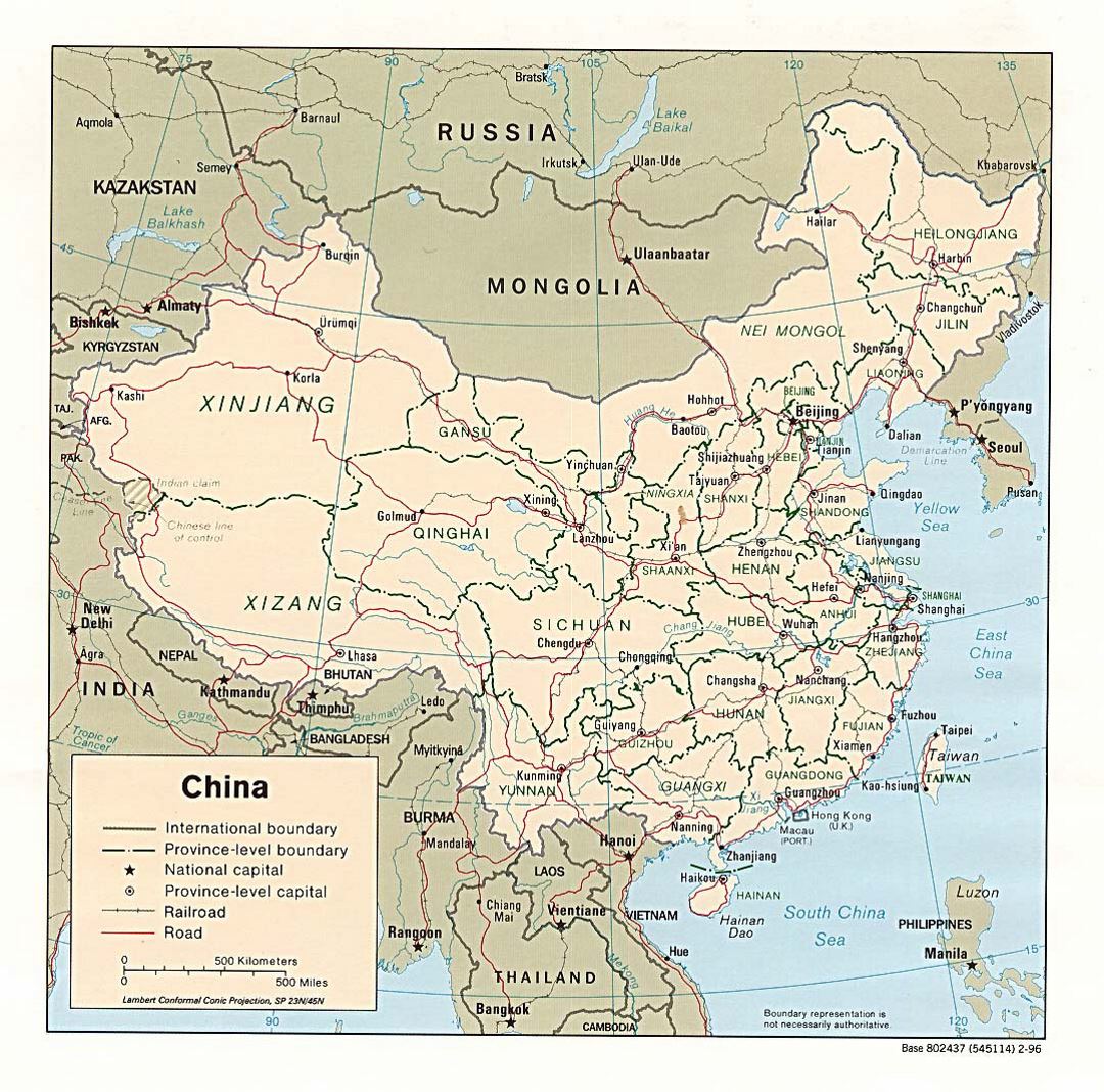Detallado mapa político y administrativo de China con carreteras, ferrocarriles y principales ciudades - 1996