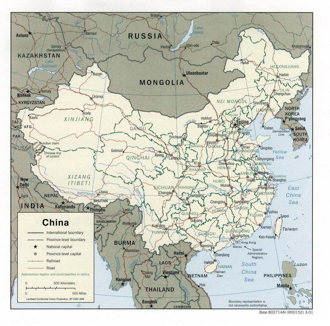 Detallado mapa político y administrativo de China con carreteras, ferrocarriles y principales ciudades - 2001