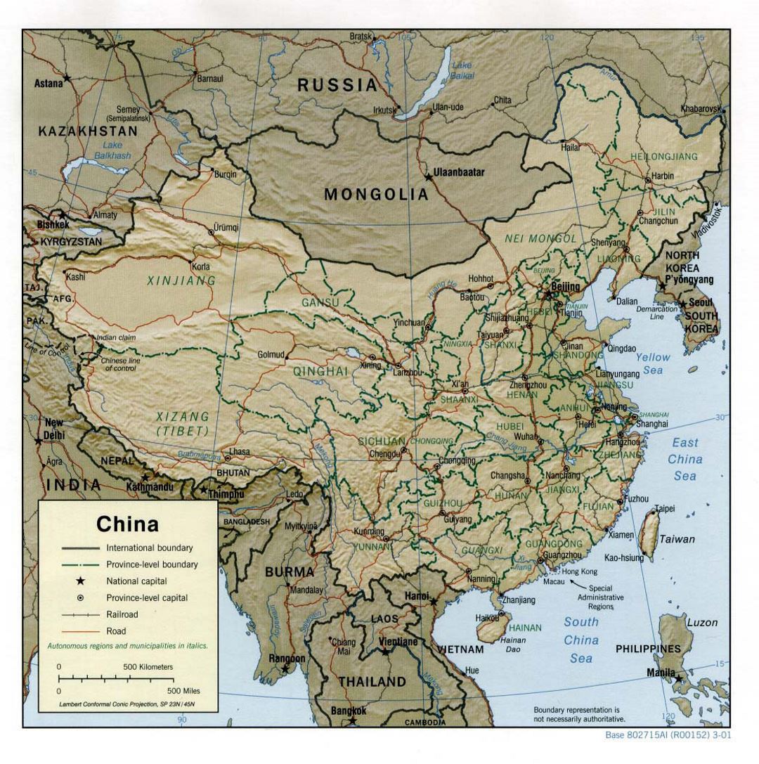 Detallado mapa político y administrativo de China con relieve, carreteras, ferrocarriles y principales ciudades - 2001