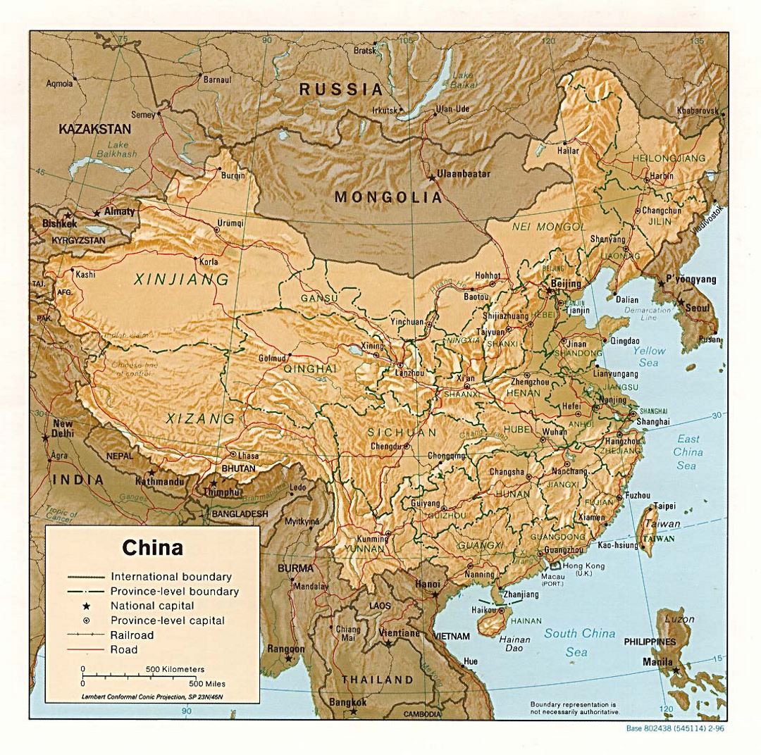 Detallado mapa político y administrativo de China con socorro, carreteras, ferrocarriles y principales ciudades - 1996