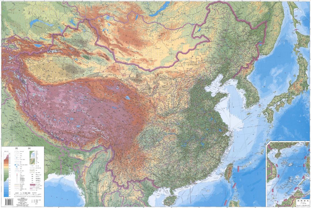 En alta resolución detallado mapa físico de China en chino