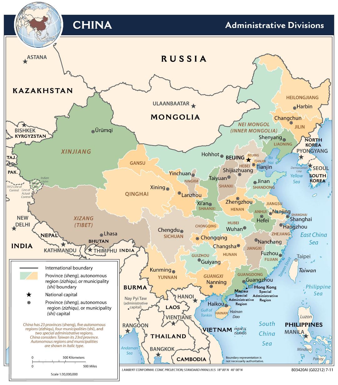 Grande detallado mapa de administrativas divisiones de China - 2011