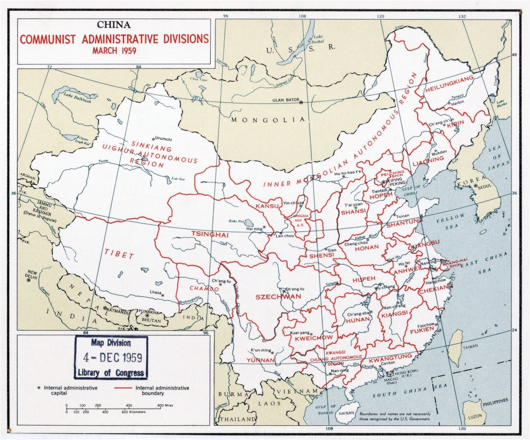 Grande detallado mapa de administrativas divisiones de China comunista - 1959