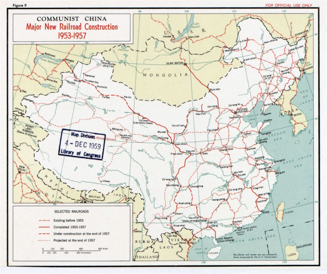 Grande detallado mapa de construcción del nuevo ferrocarril de China comunista - 1953 - 1957