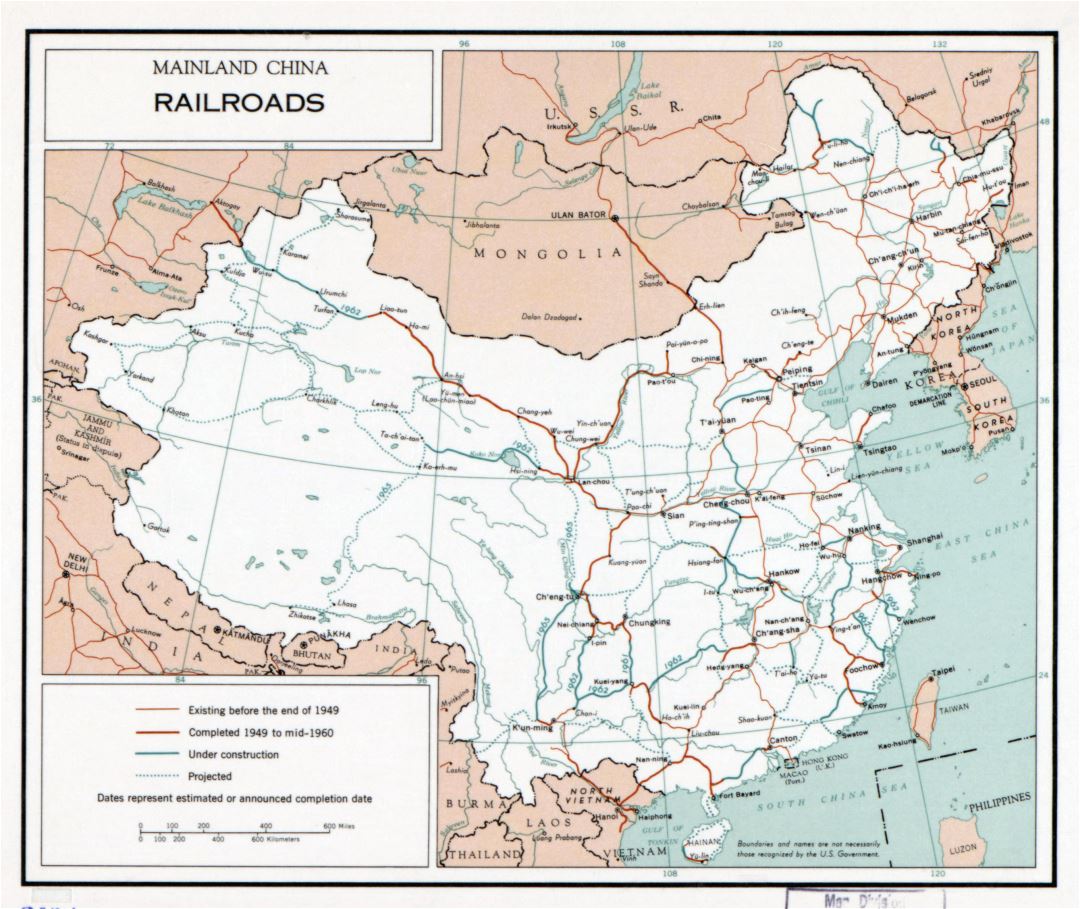Grande detallado mapa de ferrocarriles de China continental - 1960