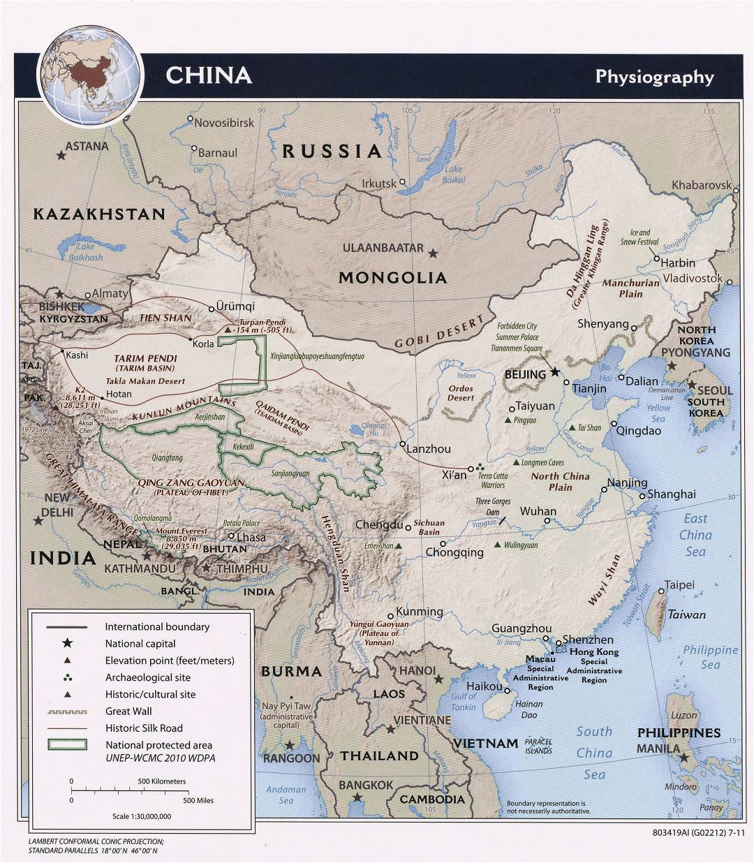 Grande detallado mapa de fisiografía de China - 2011