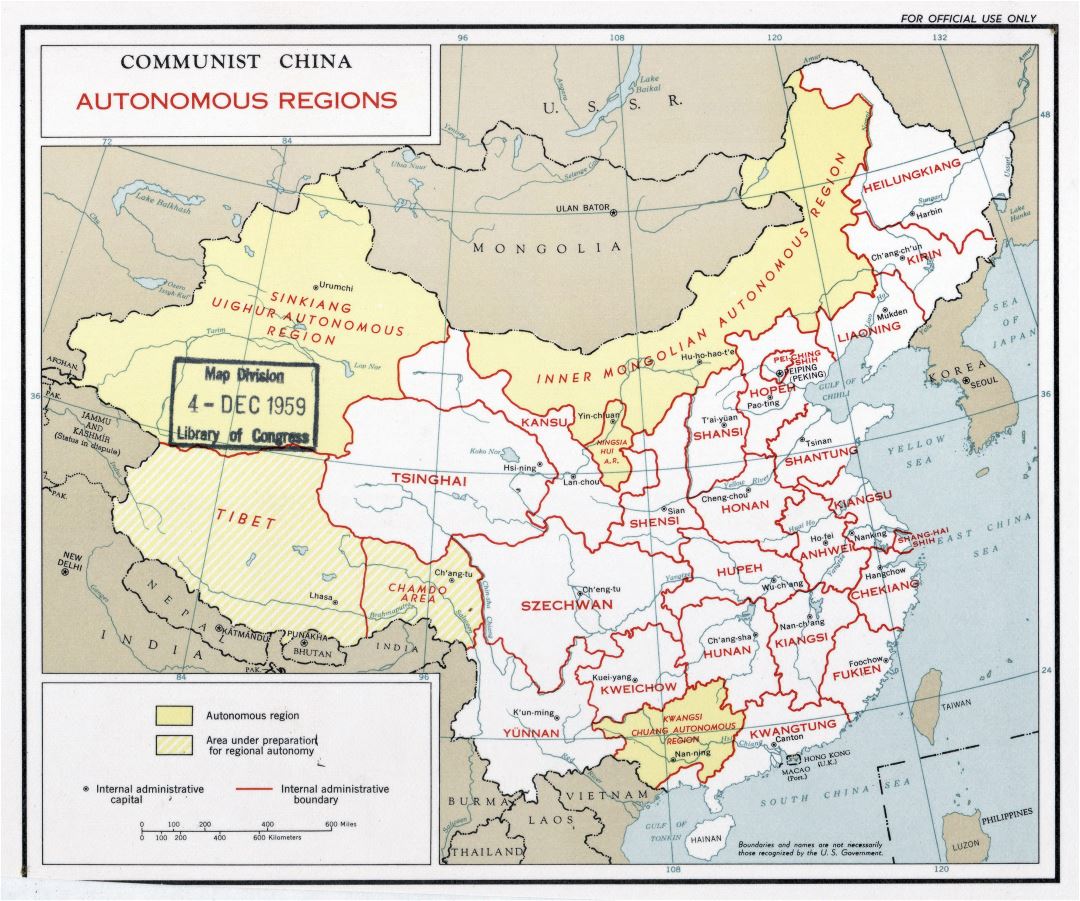 Grande detallado mapa de regiones autónomas de China comunista - 1959