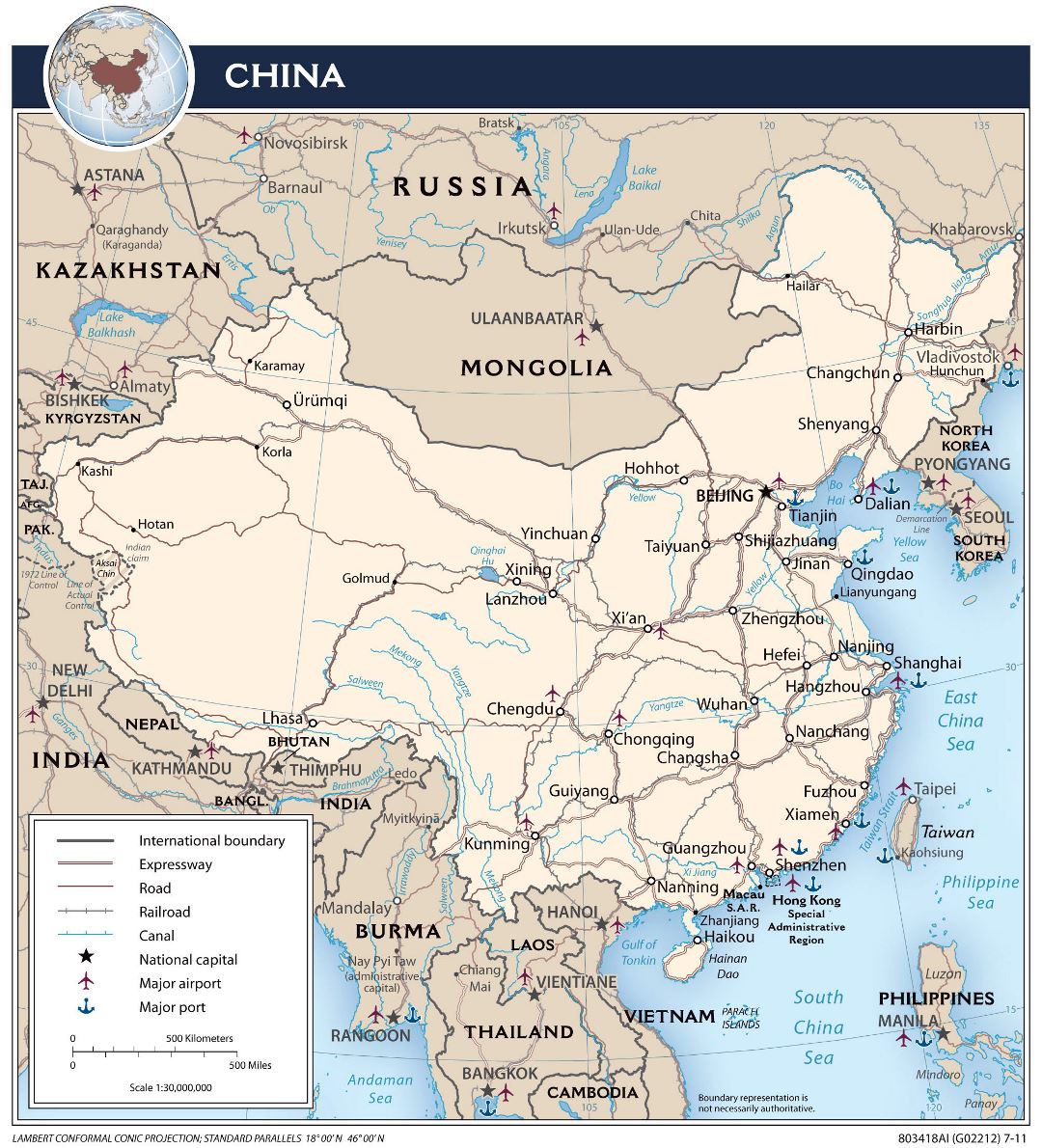 Grande detallado mapa político de China con carreteras, ferrocarriles, principales ciudades, puertos, aeropuertos y otras marcas - 2011
