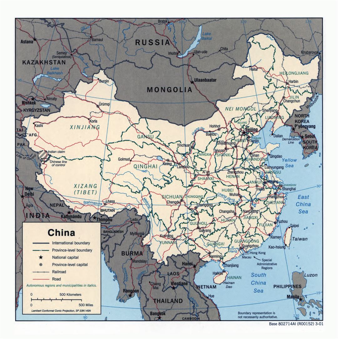 Grande detallado mapa político y administrativo de China con carreteras, ferrocarriles y principales ciudades - 2001