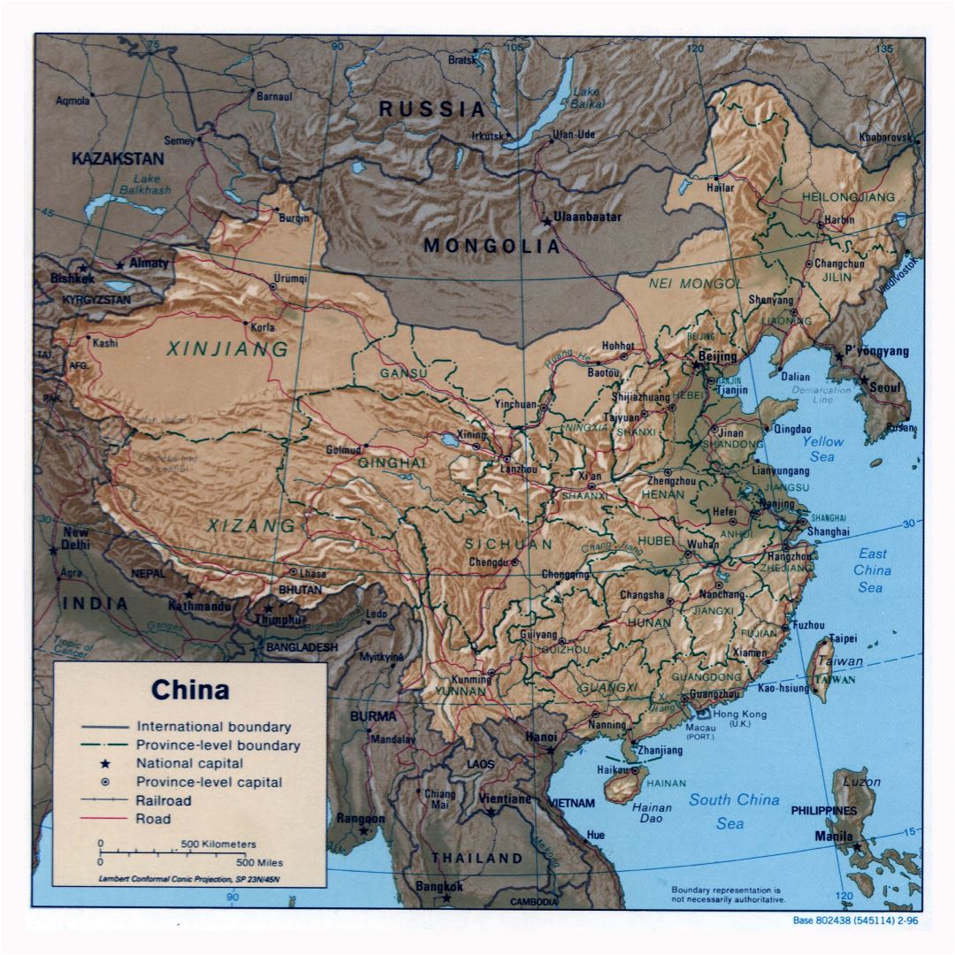 Grande detallado mapa político y administrativo de China con relieve, carreteras, ferrocarriles y principales ciudades - 1996