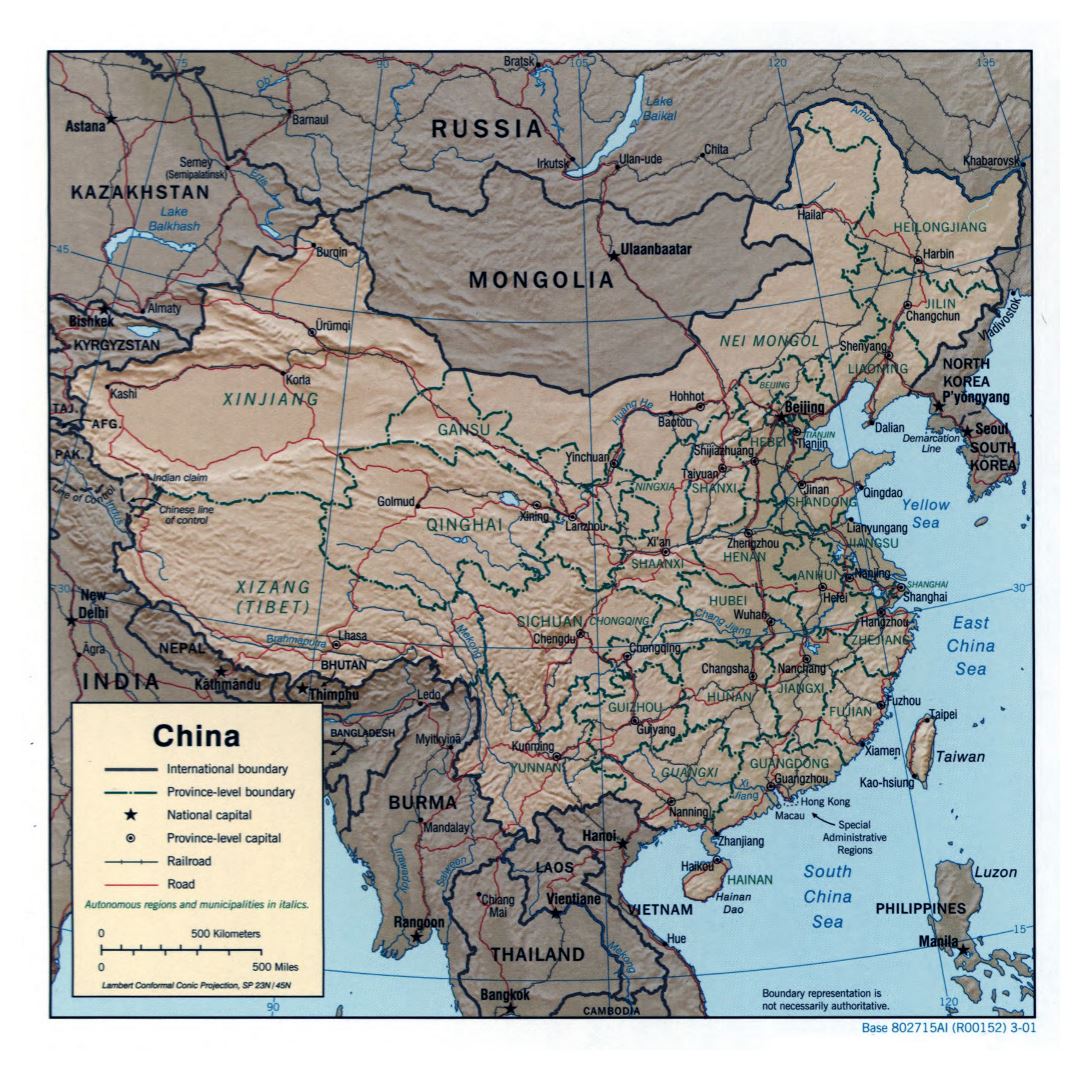 Grande detallado mapa político y administrativo de China con relieve, carreteras, ferrocarriles y principales ciudades - 2001