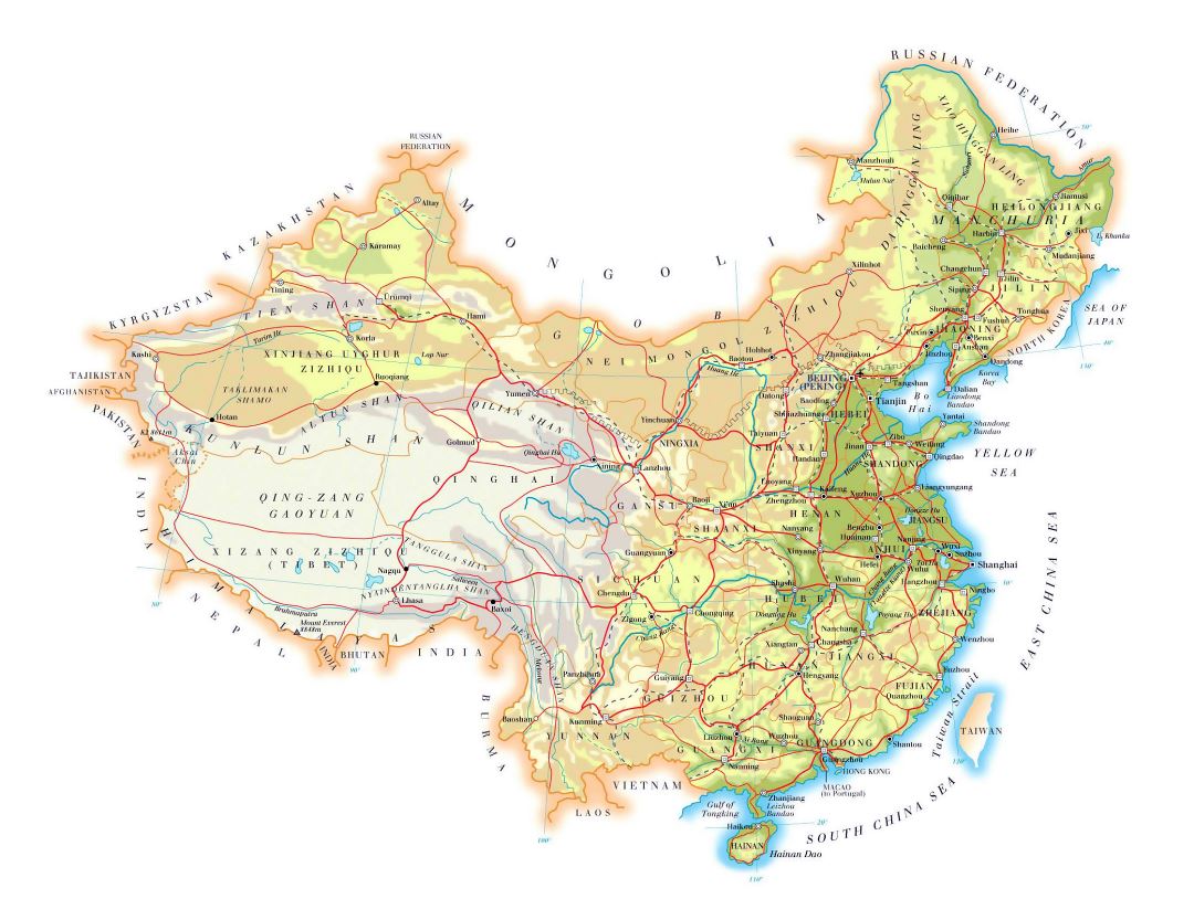 Grande mapa de elevación de China con carreteras, ciudades y aeropuertos