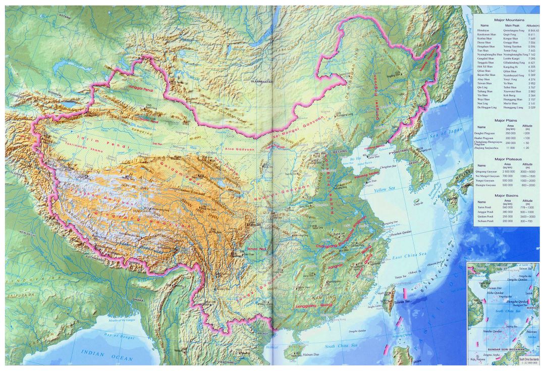 Grande mapa topográfico de China en inglés