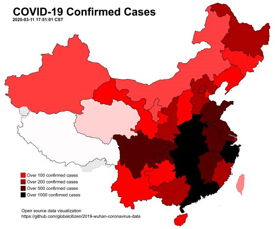 Mapa de China Covid-19 (Coronavirus) - 2020-03