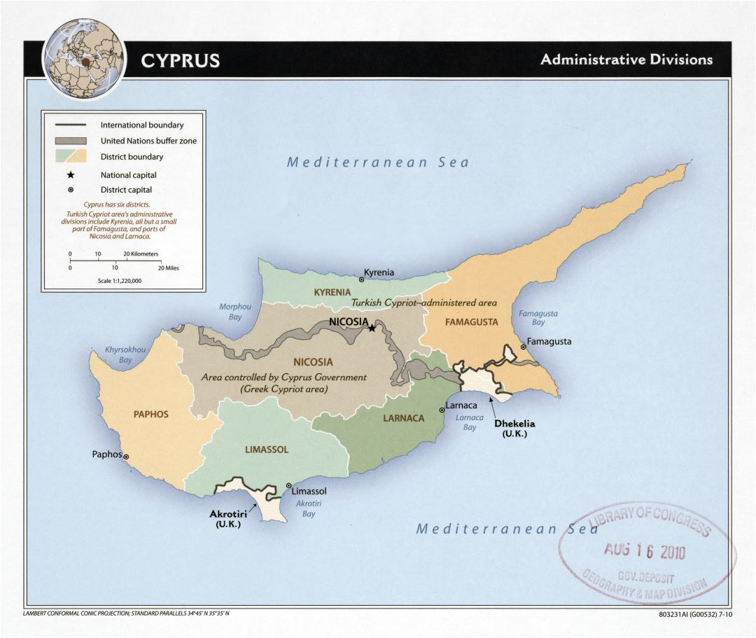 A gran escala mapa de administrativas divisiones de Chipre - 2010