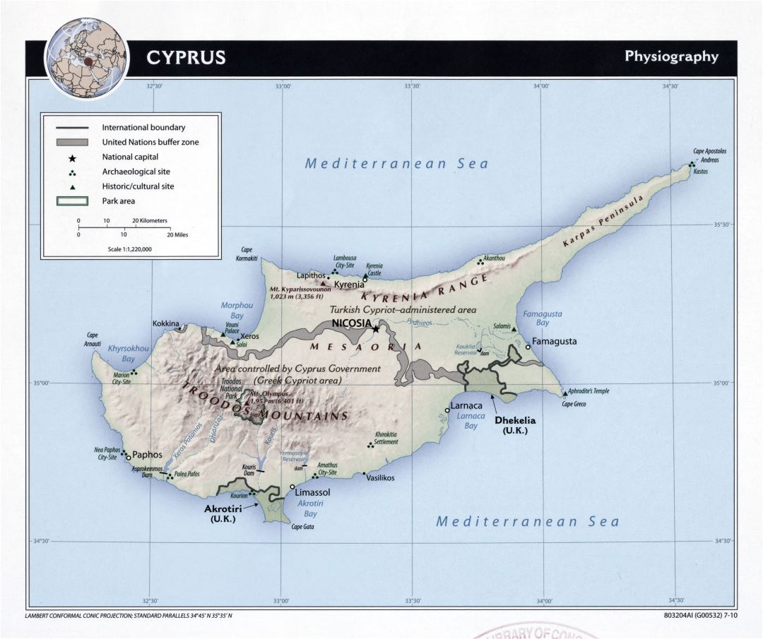 A gran escala mapa de fisiografía de Chipre - 2010