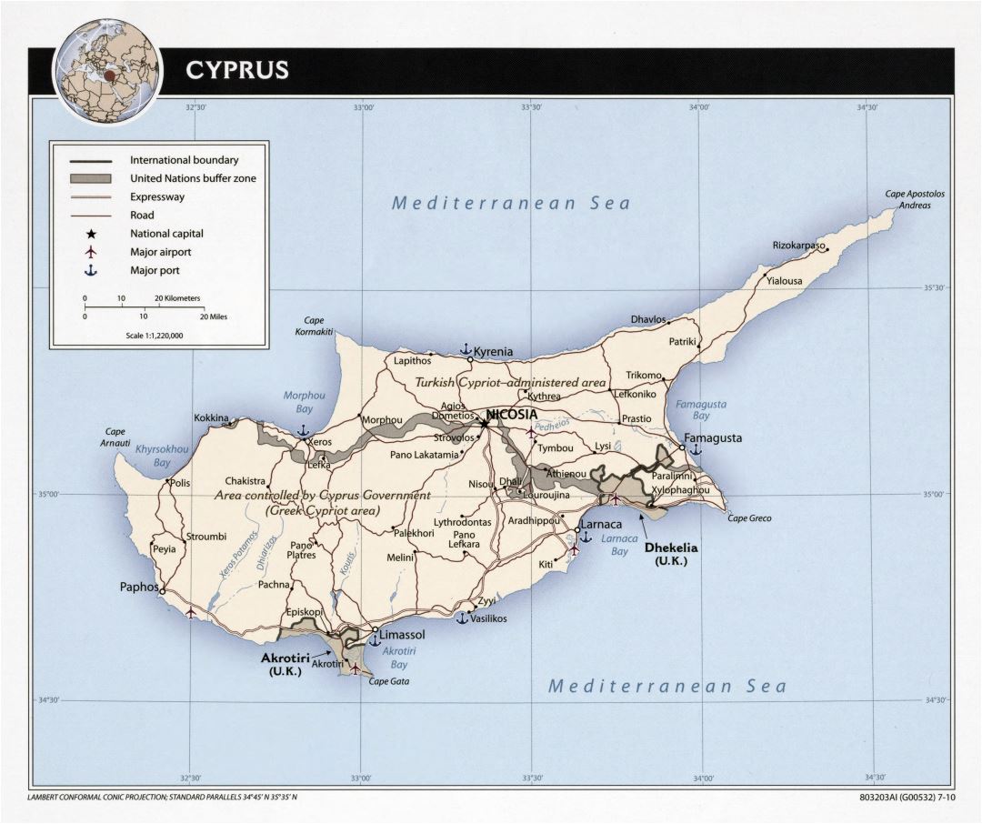 A gran escala mapa político de Chipre con carreteras, principales ciudades, puertos marítimos y aeropuertos - 2010