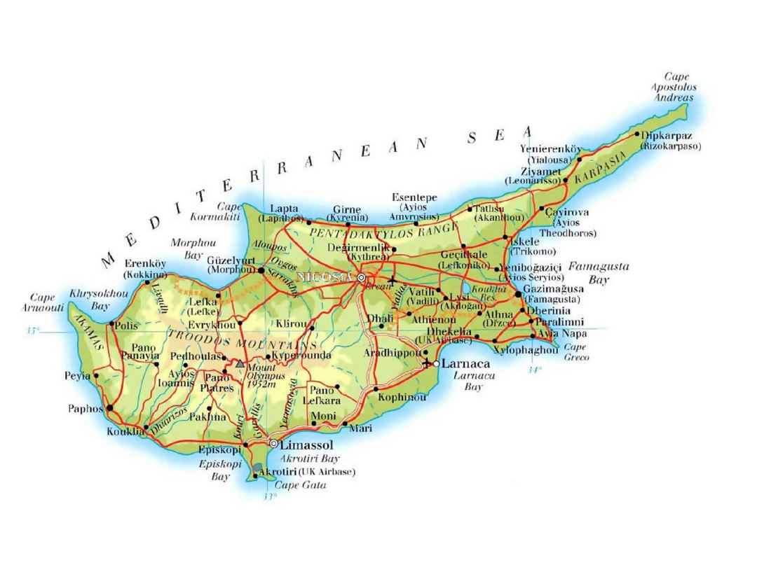 Detallado mapa de elevación de Chipre con carreteras, ciudades y aeropuertos