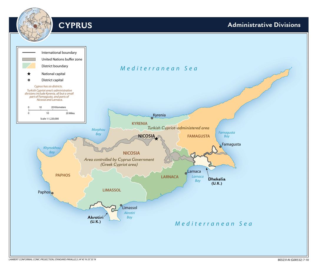 Grande detallado mapa de administrativas divisiones de Chipre - 2010