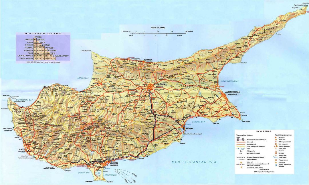 Grande detallado mapa de carreteras de Chipre con alivio y ciudades