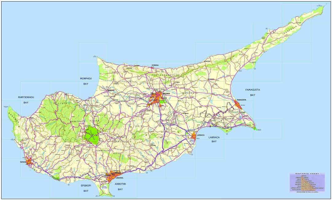 Grande detallado mapa de carreteras de Chipre con ciudades