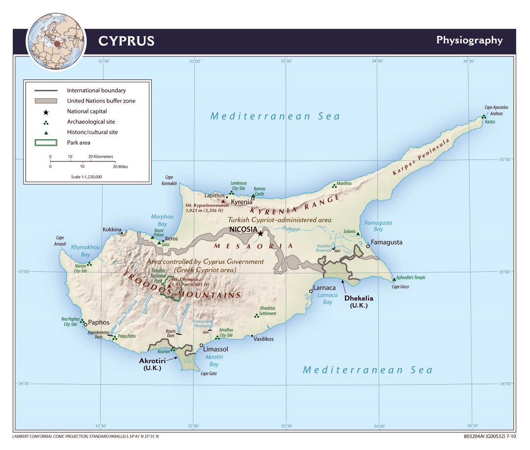 Grande detallado mapa de fisiografía de Chipre - 2010