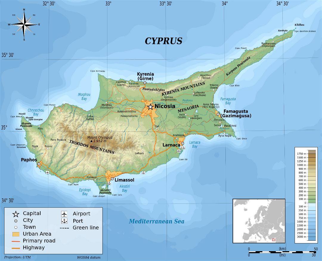 Grande detallado mapa físico de Chipre