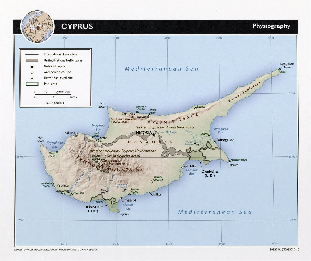 Grande mapa fisiográfico de Chipre - 2010