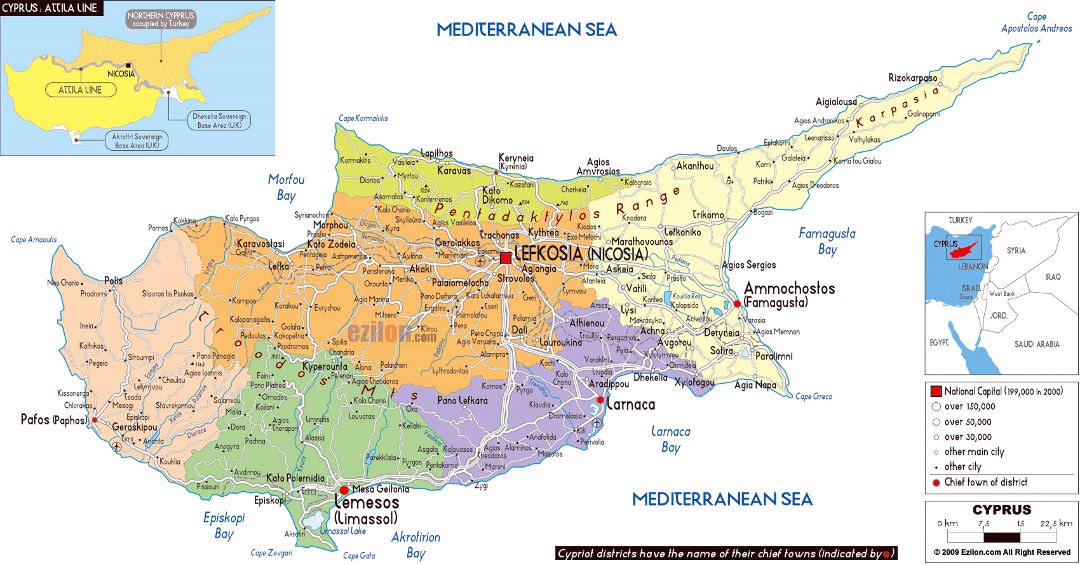 Grande mapa político y administrativo de Chipre con carreteras, ciudades y aeropuertos