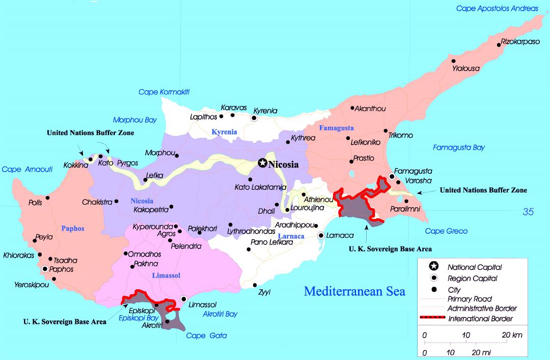 Grande mapa político y administrativo de Chipre con principales ciudades