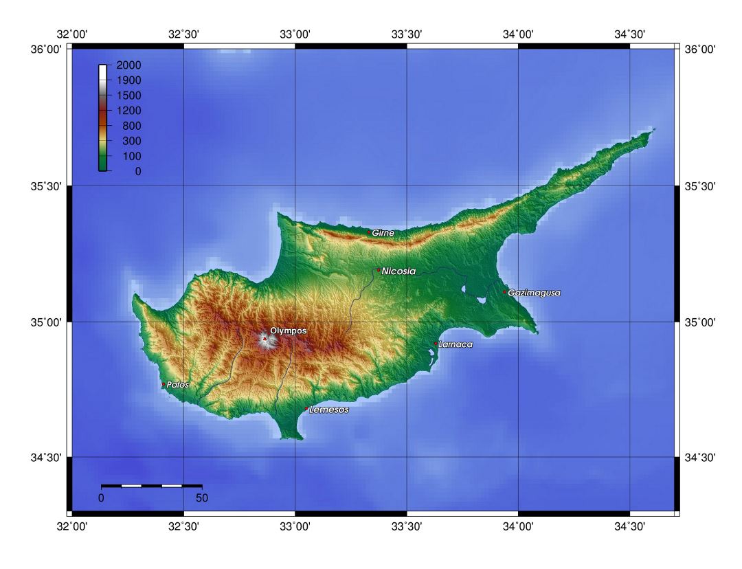 Grande mapa topográfico de Chipre