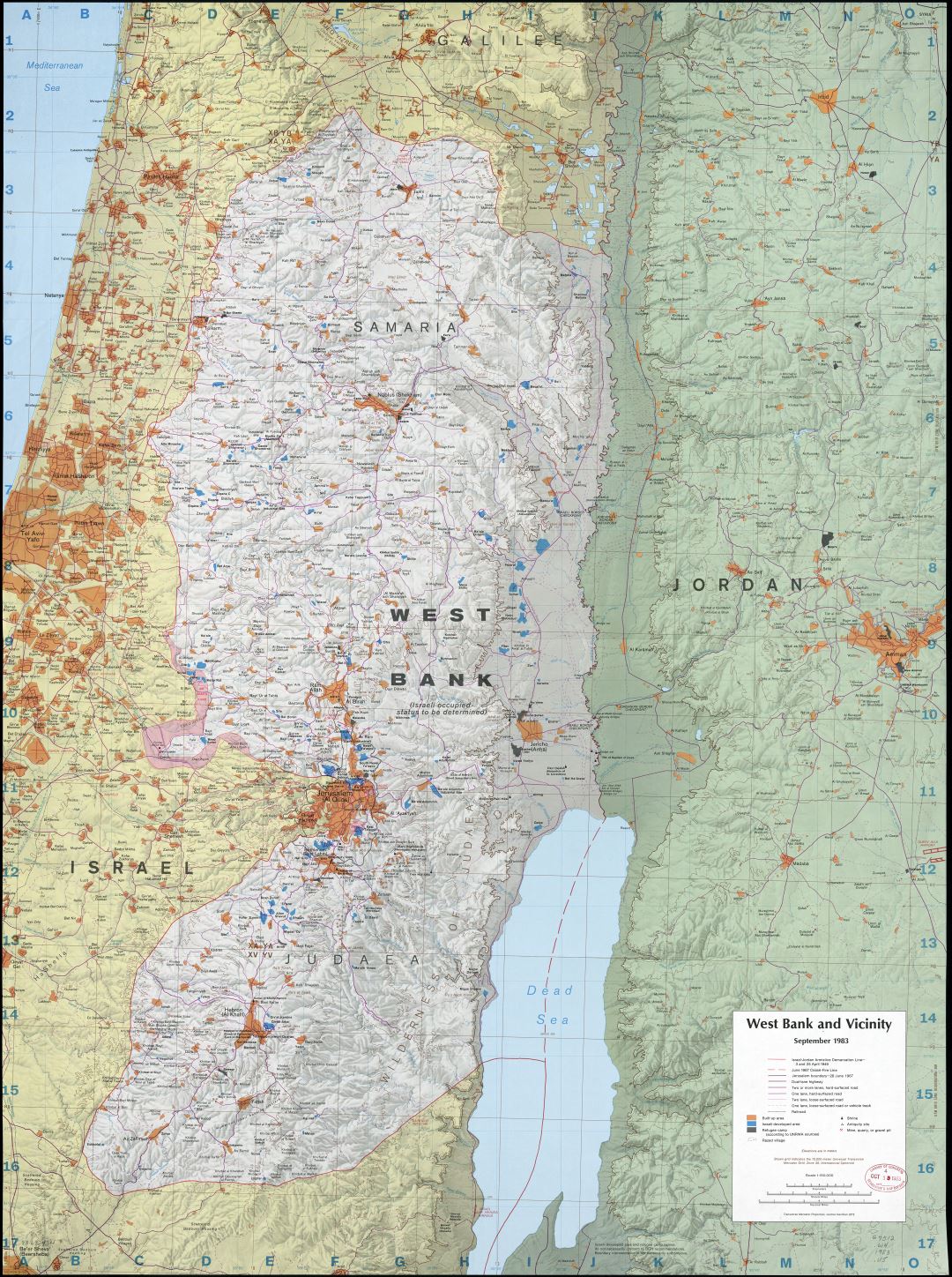 A gran escala detallado mapa de Cisjordania y sus alrededores con relieve y otras marcas - 1983