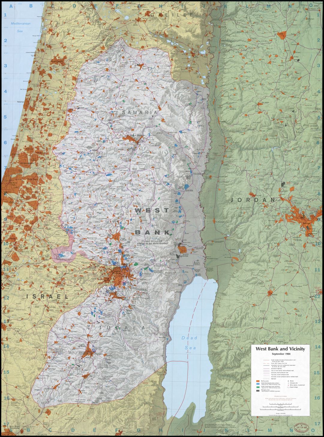 A gran escala detallado mapa de Cisjordania y sus alrededores con relieve y otras marcas - 1984