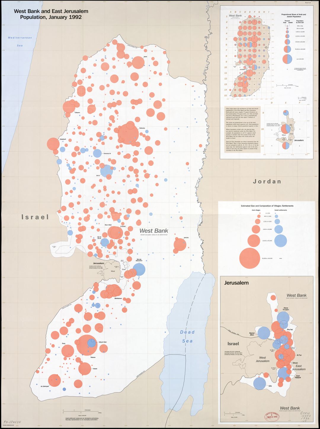 A gran escala detallado mapa de la población de Cisjordania y Jerusalén Este - 1992