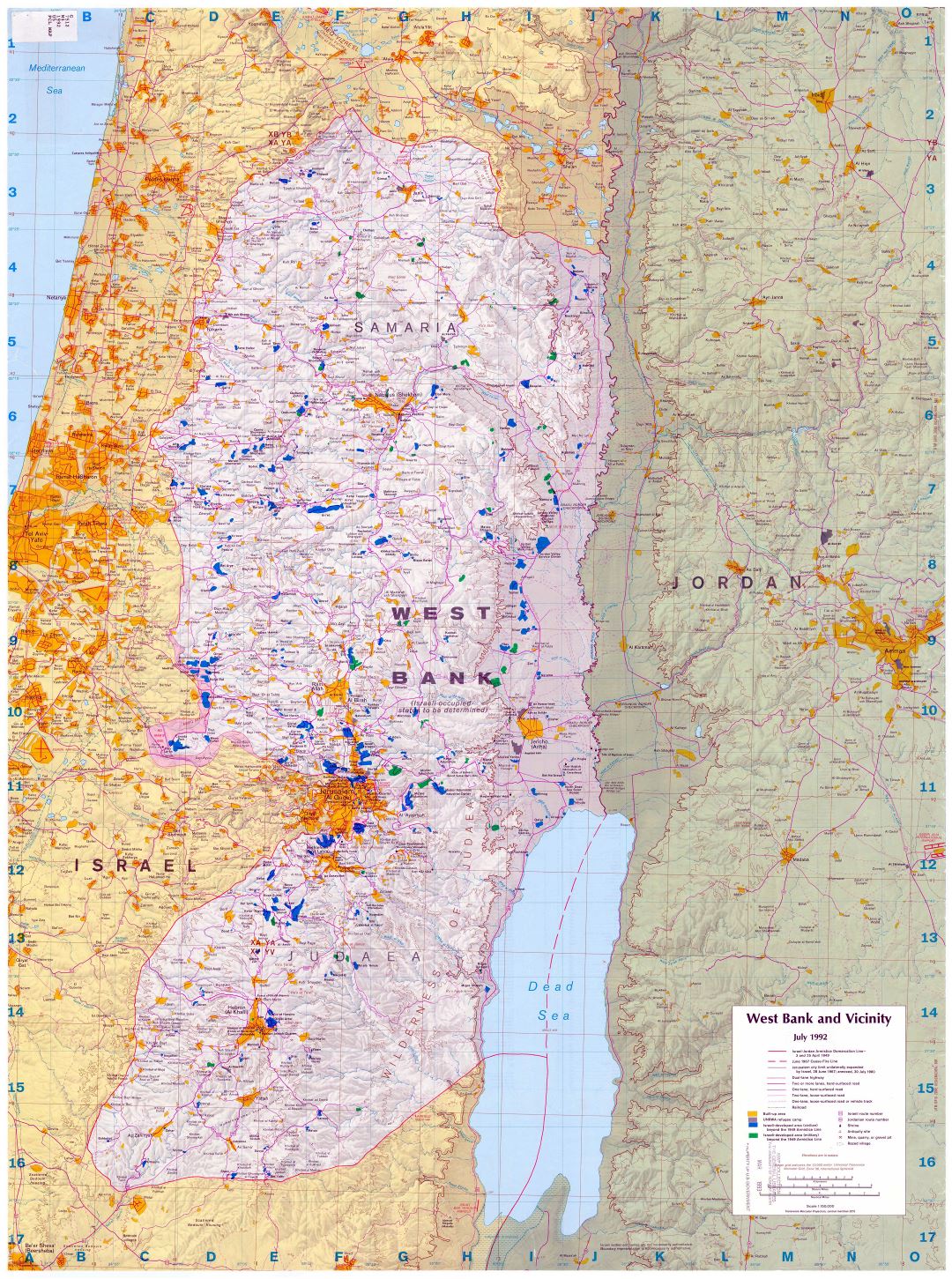A gran escala mapa de Cisjordania y alrededores - 1992