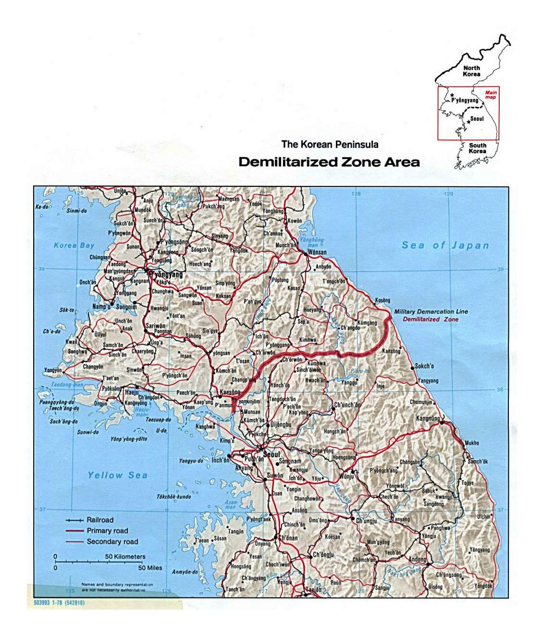 Detallado mapa del área de zona desmilitarizada de Península Coreana con relieve - 1978