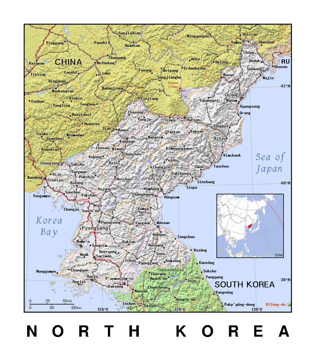 Detallado mapa político de Corea del Norte con relieve