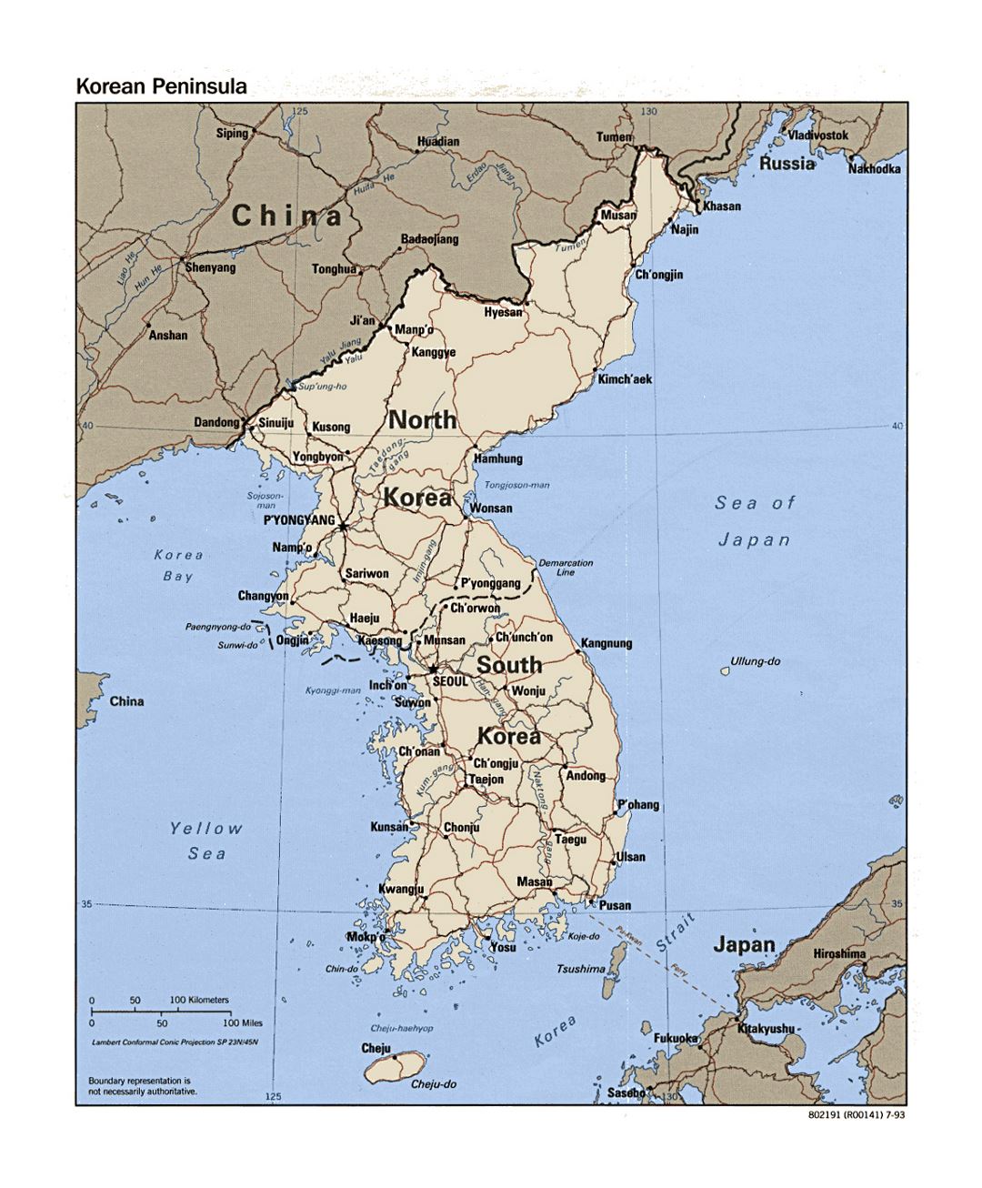 Detallado mapa político de Península de Corea con carreteras, ferrocarriles y principales ciudades - 1993