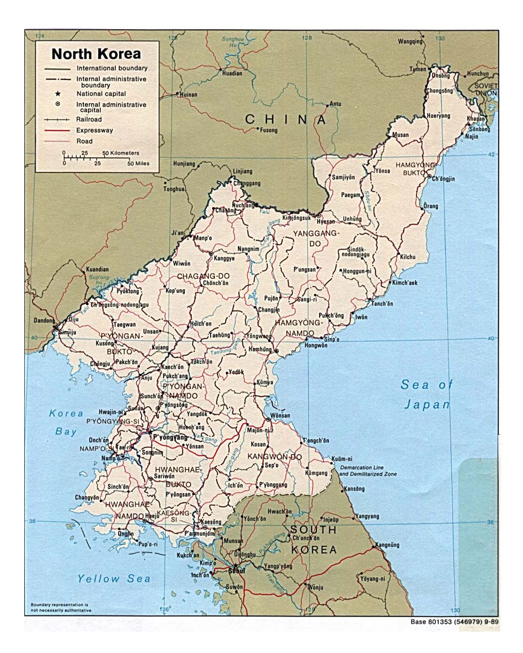 Detallado mapa político y administrativo de Corea del Norte con carreteras, ferrocarriles y principales ciudades - 1989