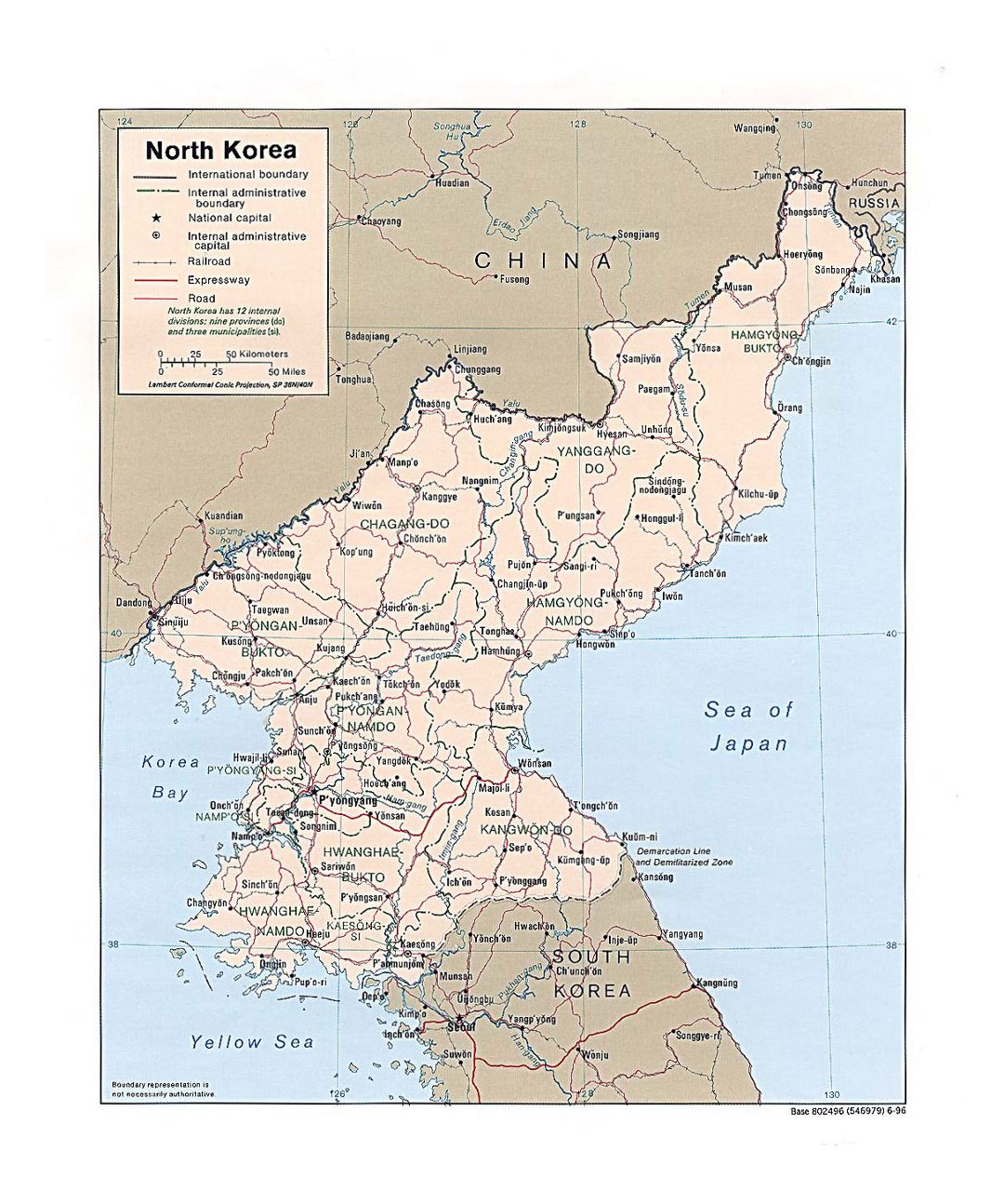 Detallado mapa político y administrativo de Corea del Norte con carreteras, ferrocarriles y principales ciudades - 1996