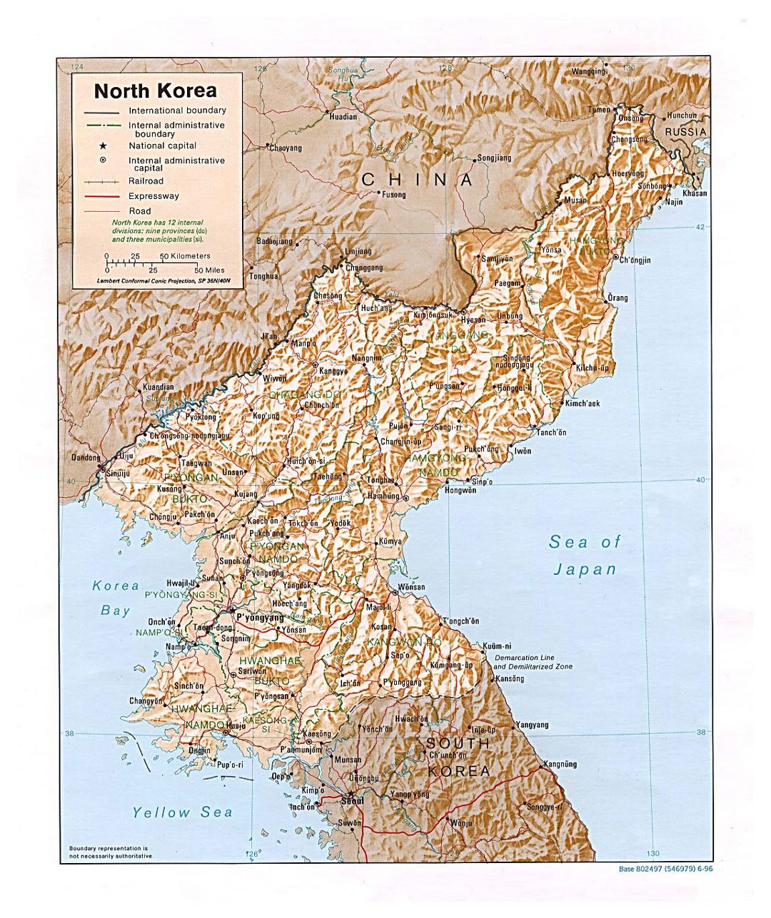 Detallado mapa político y administrativo de Corea del Norte con relieve, carreteras, ferrocarriles y principales ciudades - 1996