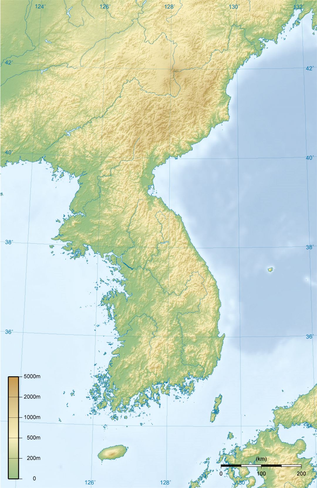 Detallado mapa topográfico de la Península de Corea