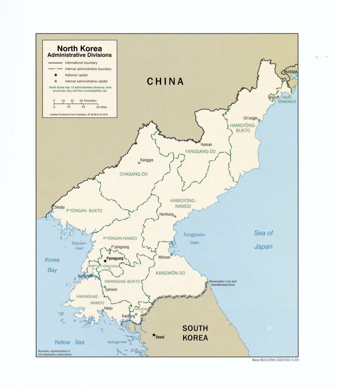Grande detallado mapa de administrativas divisiones de Corea del Norte - 2005