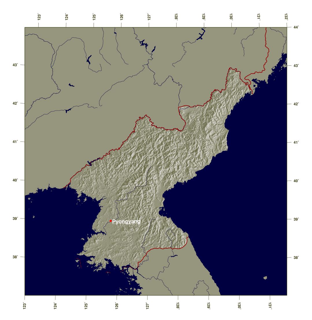 Grande detallado mapa en relieve sombreado de Corea del Norte