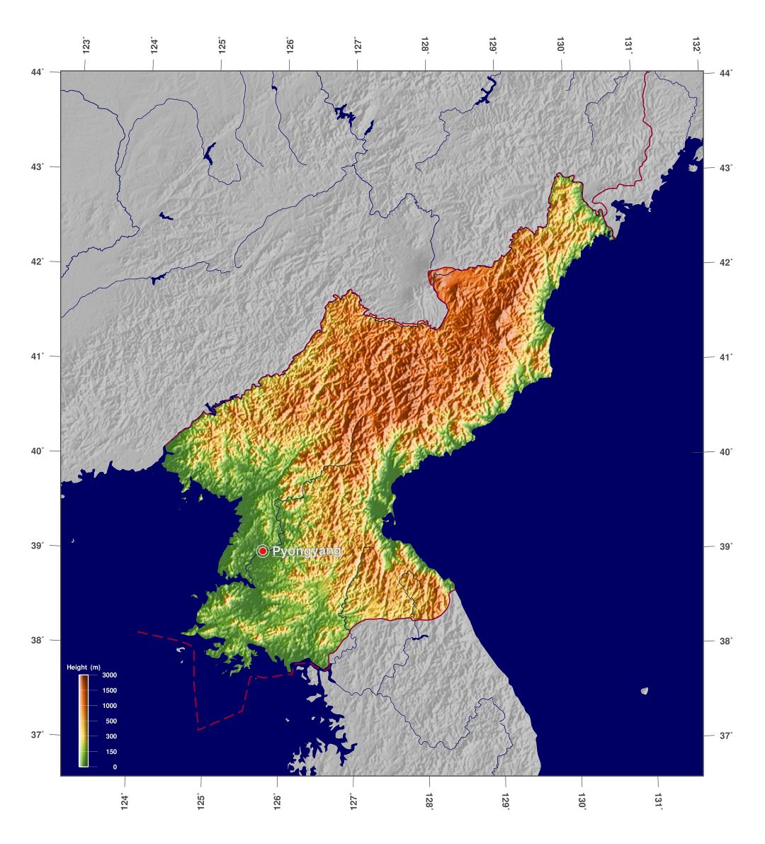 Grande detallado mapa físico de Corea del Norte