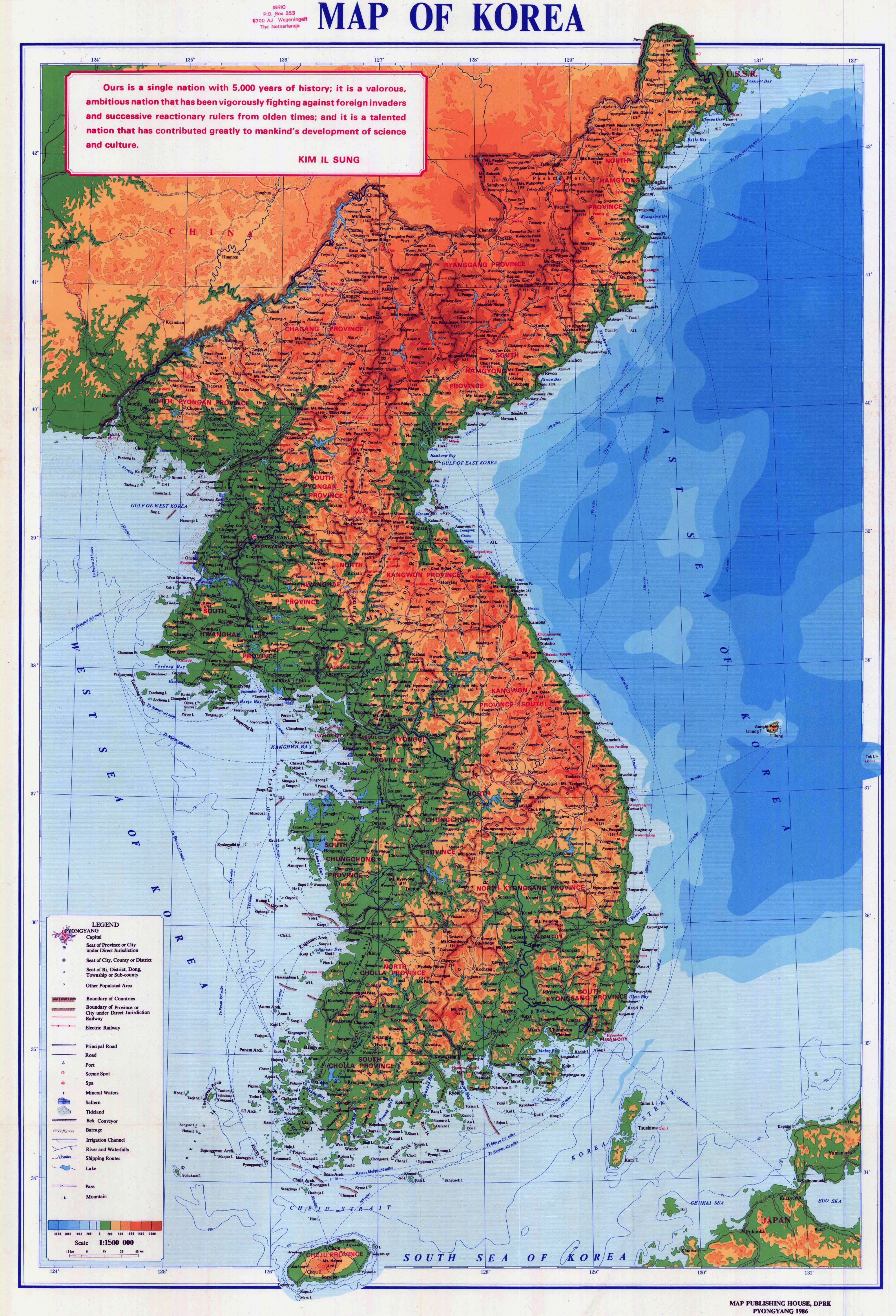 Grande detallado mapa físico de Península de Corea con carreteras