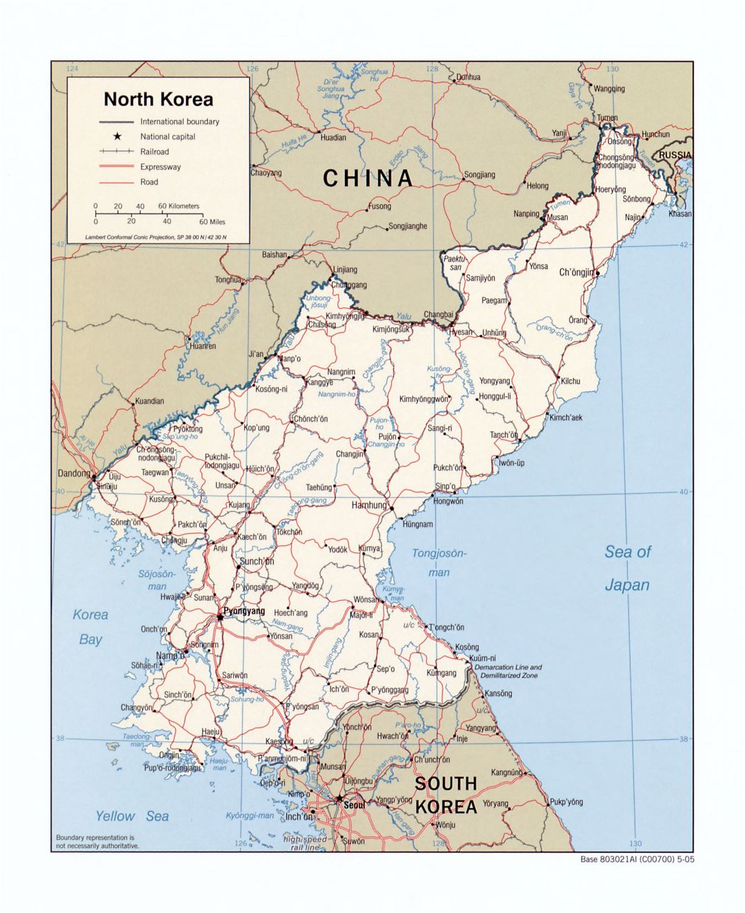 Grande detallado mapa político de Corea del Norte con carreteras, ferrocarriles y principales ciudades - 2005