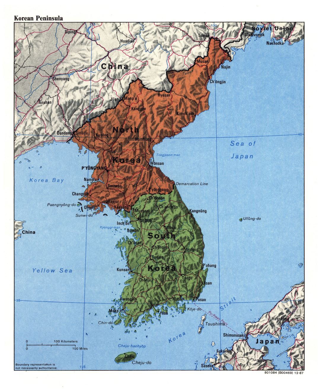 Grande detallado mapa político de la Península de Corea con relieve, carreteras, ferrocarriles y principales ciudades - 1987