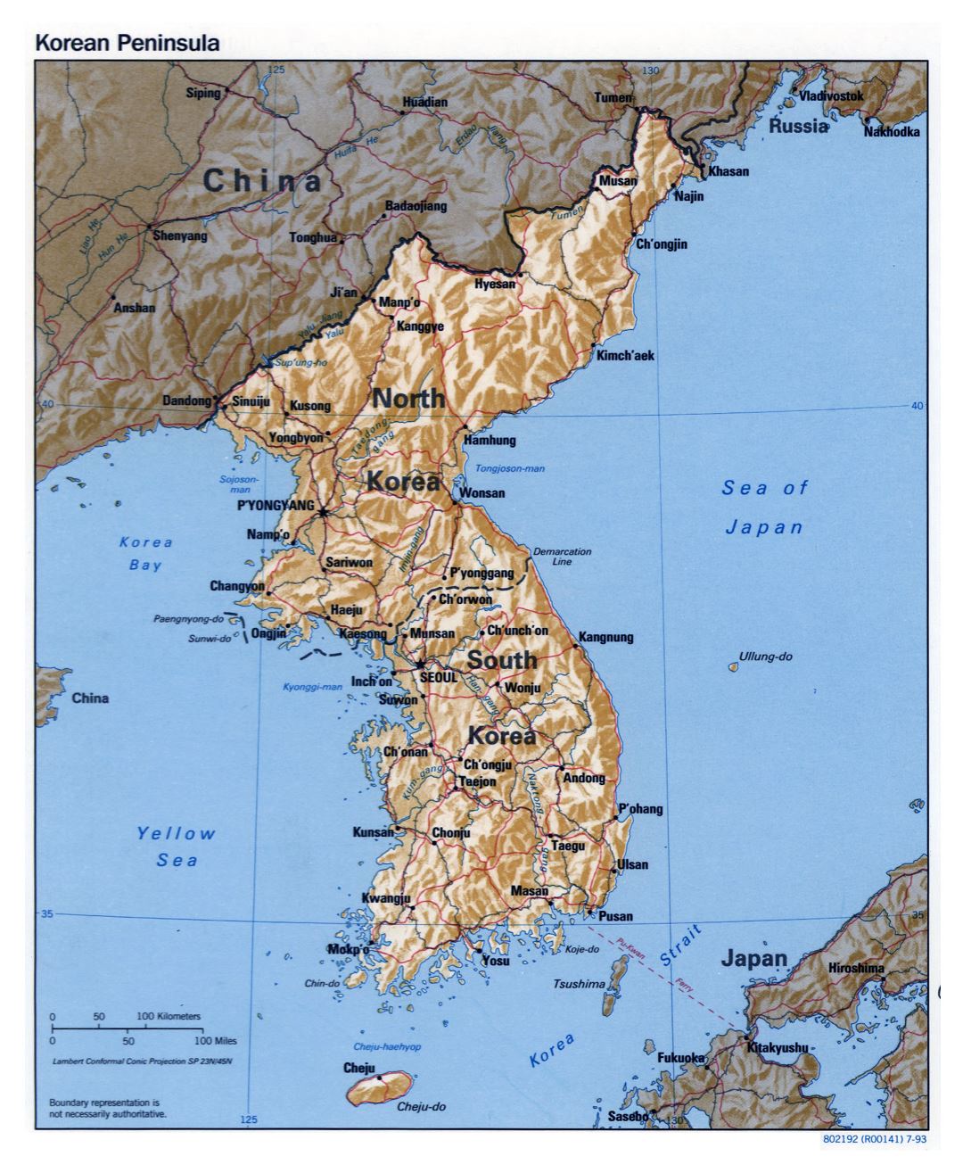Grande detallado mapa político de la Península de Corea con relieve, carreteras, ferrocarriles y principales ciudades - 1993