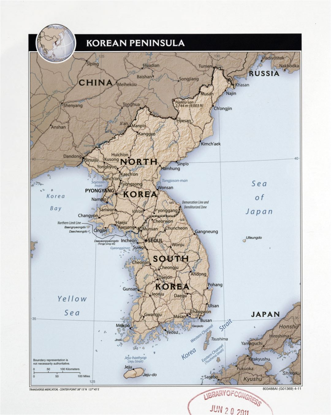 Grande detallado mapa político de la Península de Corea con socorro, carreteras, ferrocarriles y principales ciudades - 2011